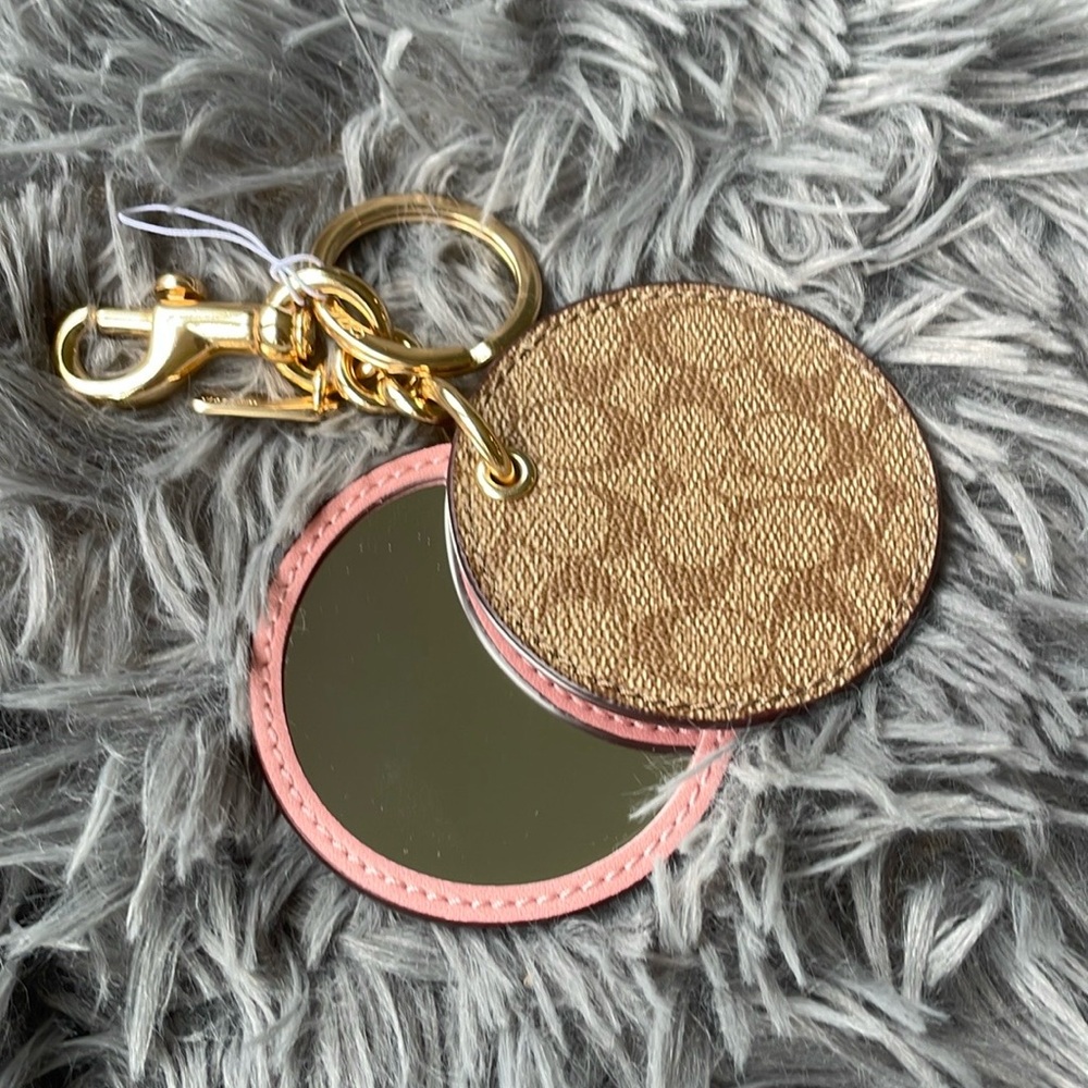 New In Packaging Coach Signature Canvas Pink & Khaki Mirror Bag Charm